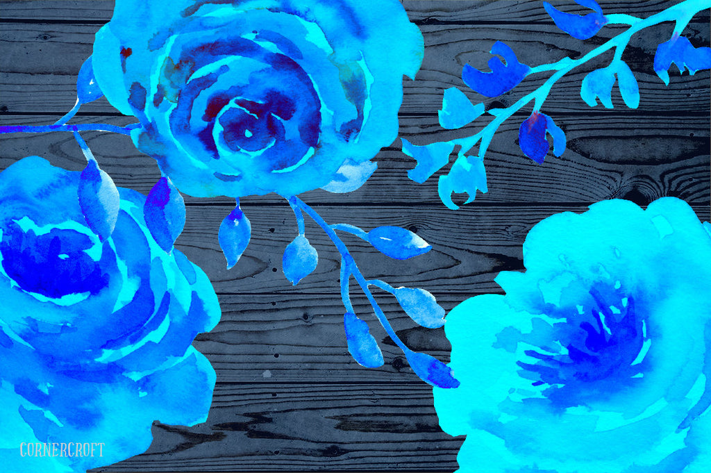 Rose Clip Art, Watercolor Rose Blue, blue roses, decorative elements, floral arrangements for instant download