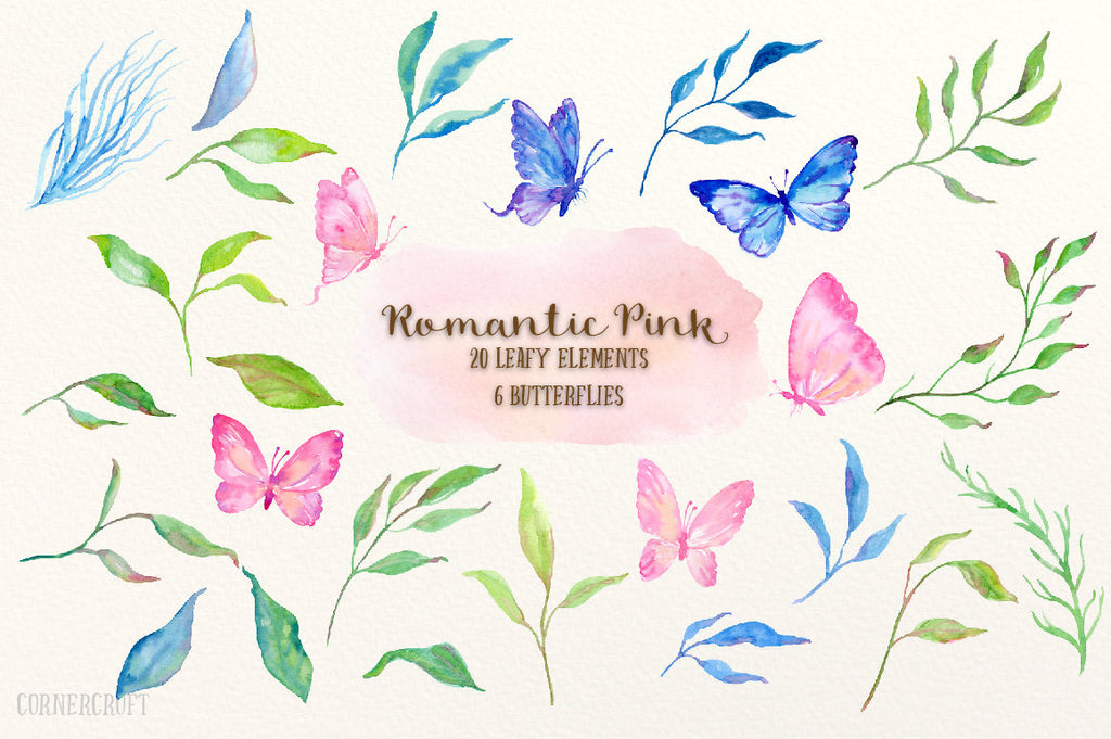 watercolor clipart romantic pink, butterflies, leaf, corner croft illustration 