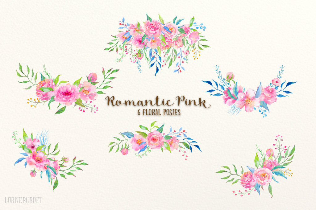 Watercolor Romantic Pink Posies - pink peony and rose posy, pink floral posies, floral arrangements
