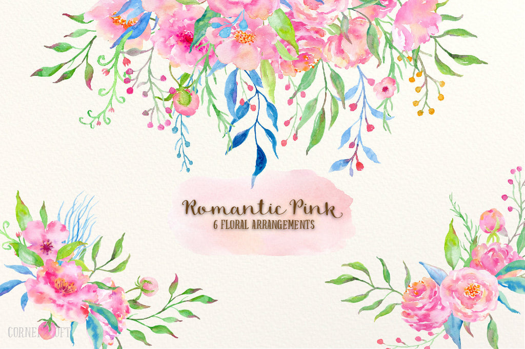 Watercolor Romantic Pink Posies - pink peony and rose posy, pink floral posies, floral arrangements