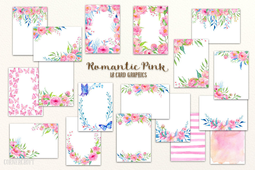 18 card template, floral cards, pink card stocks, watercolor floral frames. 
