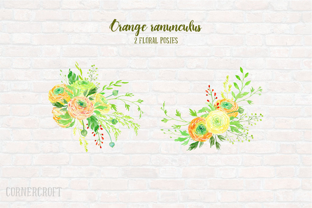 Watercolor Clipart Orange Ranunculus, Orange Ranunculus, orange flowers, yellow ranunculus 