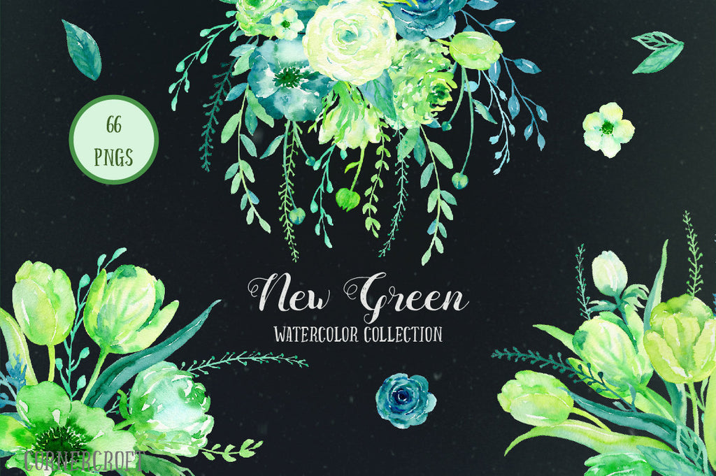 Watercolor Collection New Green, roses, ranunculus, tulips, spring flowers