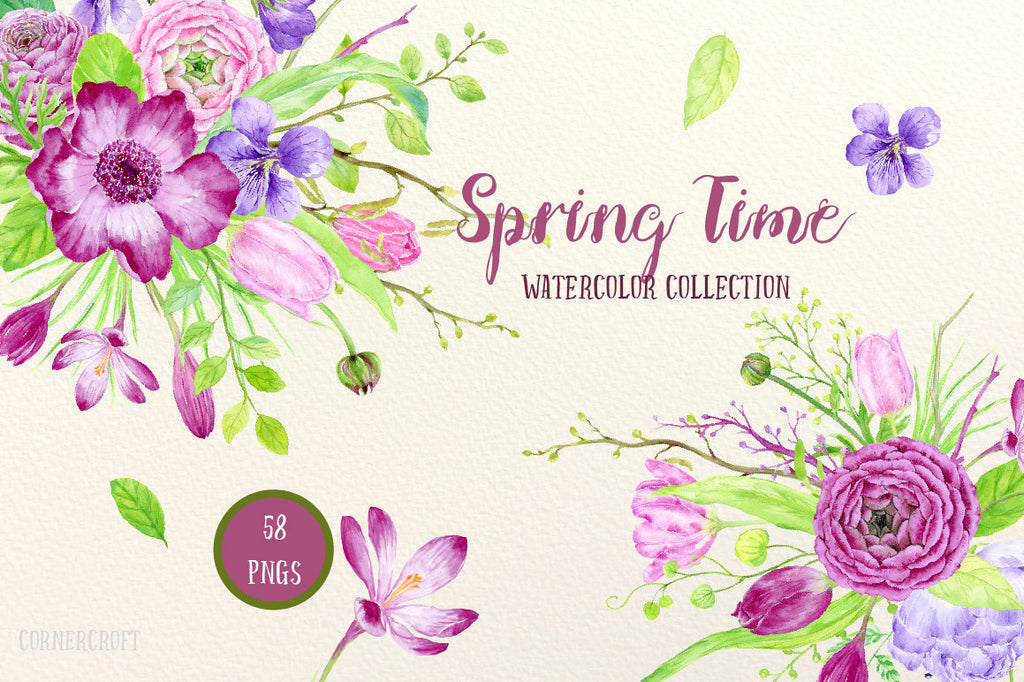 Watercolor Collection Spring Time, pink and purple ranunculus, tulips, violets, crocuses and spring flowers for instant download