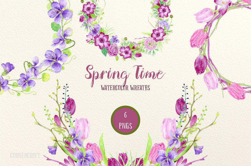 Watercolor wreaths spring time, pink and purple spring flower wreaths for instant download, wreath printable