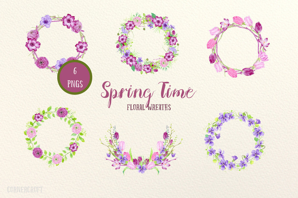 Watercolor wreaths spring time, pink and purple spring flower wreaths for instant download, wreath printable