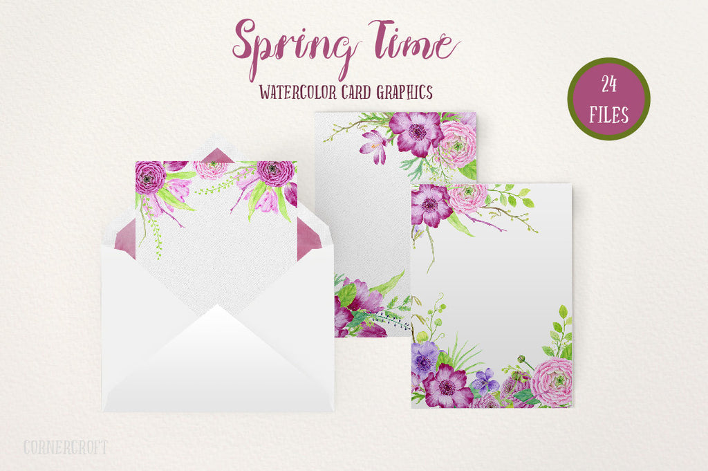 Watercolor Card Graphics Spring Time, pink and purple themed spring flower card graphics, wedding templates