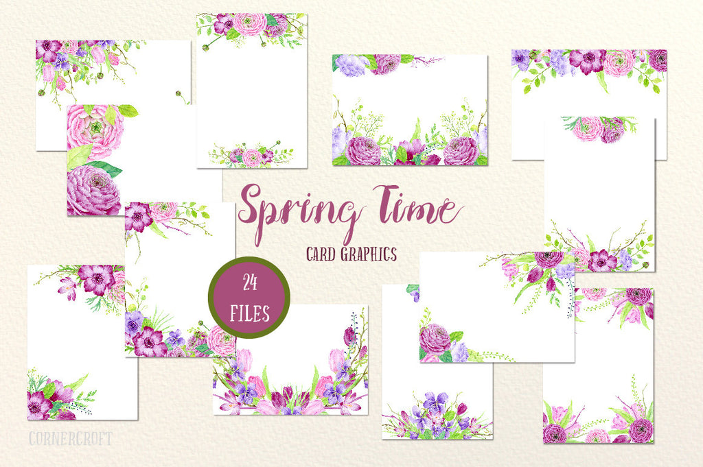 Watercolor Card Graphics Spring Time, pink and purple themed spring flower card graphics, wedding templates