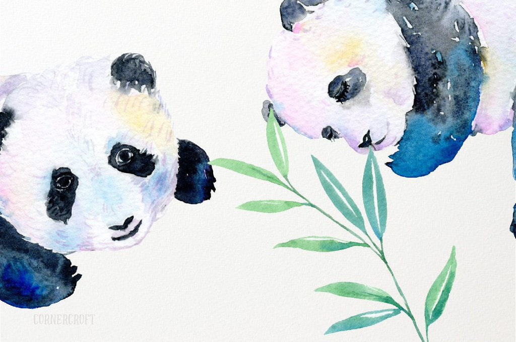 watercolour cute panda babies, bamboo leaves, clouds, moons, rain drops and stars and other floral elements