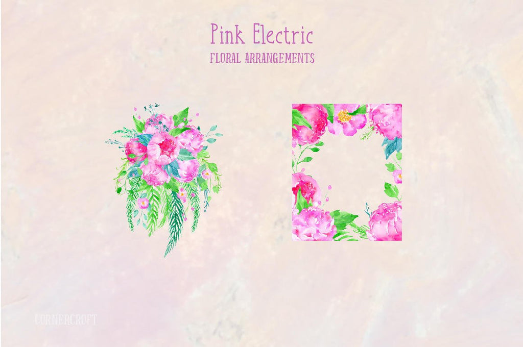 atercolor Clipart Pink Electric, bright pink and purple peonies, bouquet and floral frame for instant download