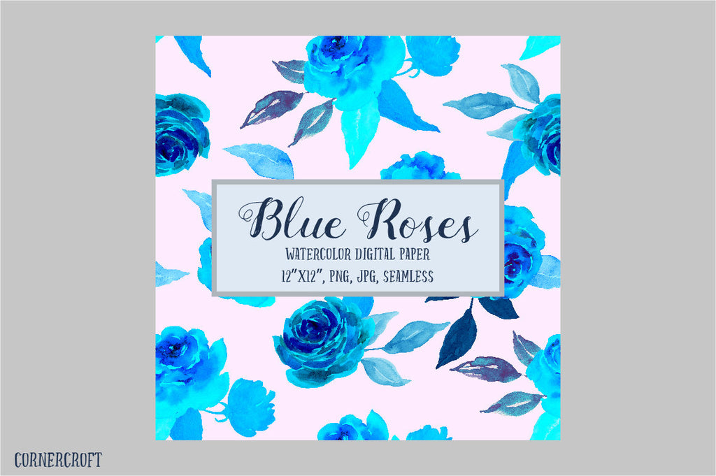 Hand painted watercolor floral background of blue roses and flowers, watercolor rose texture