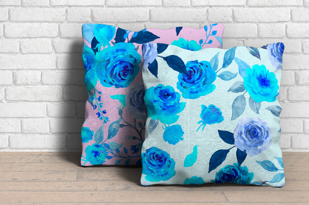 Hand painted watercolor floral background of blue roses and flowers, watercolor rose texture
