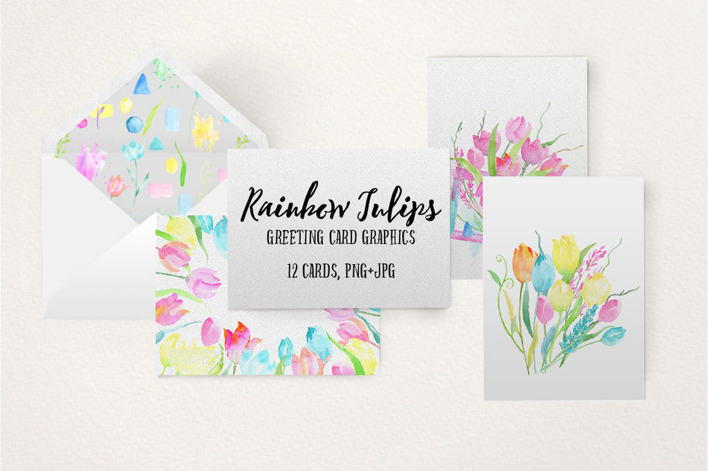 Watercolor Rainbow Tulips Greeting Card Graphics, card template, pink tulip, blue tulip, spring flower