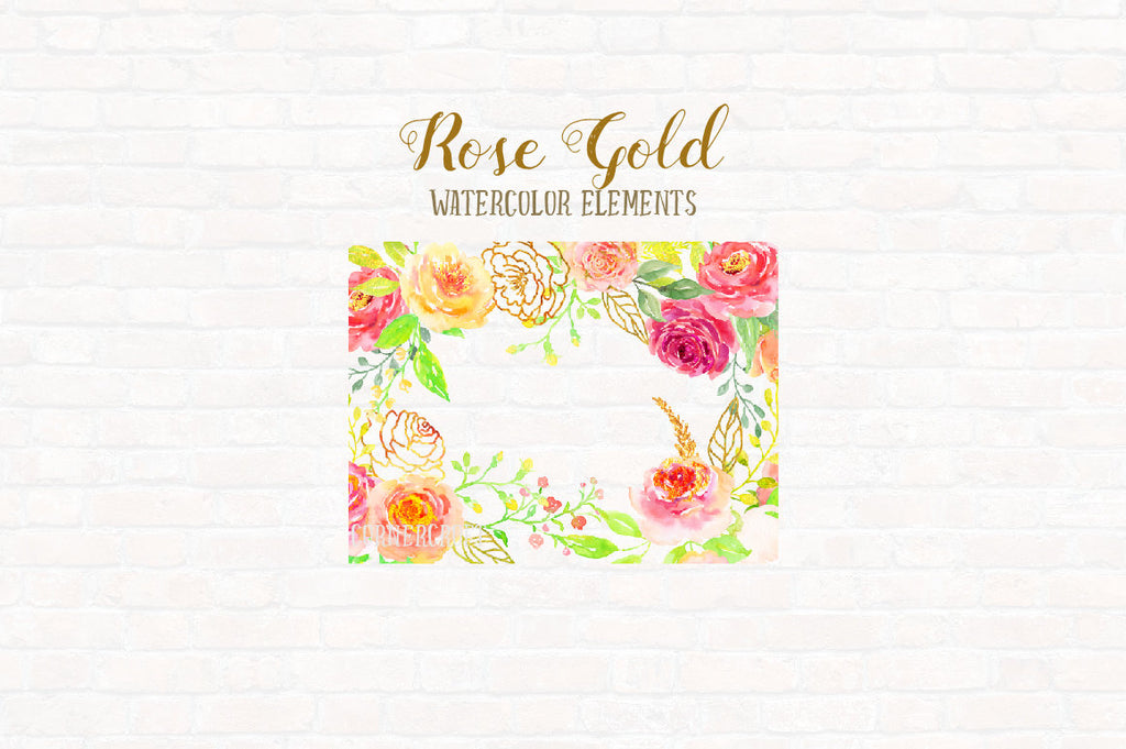 Hand painted pink, peach and purple roses with gold foil effect, it also includes a large floral frame. 