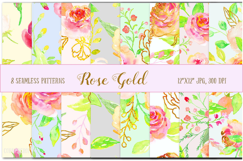 Watercolor Digital Paper Rose Gold,  watercolor background, rose pattern, digital background  for instant download