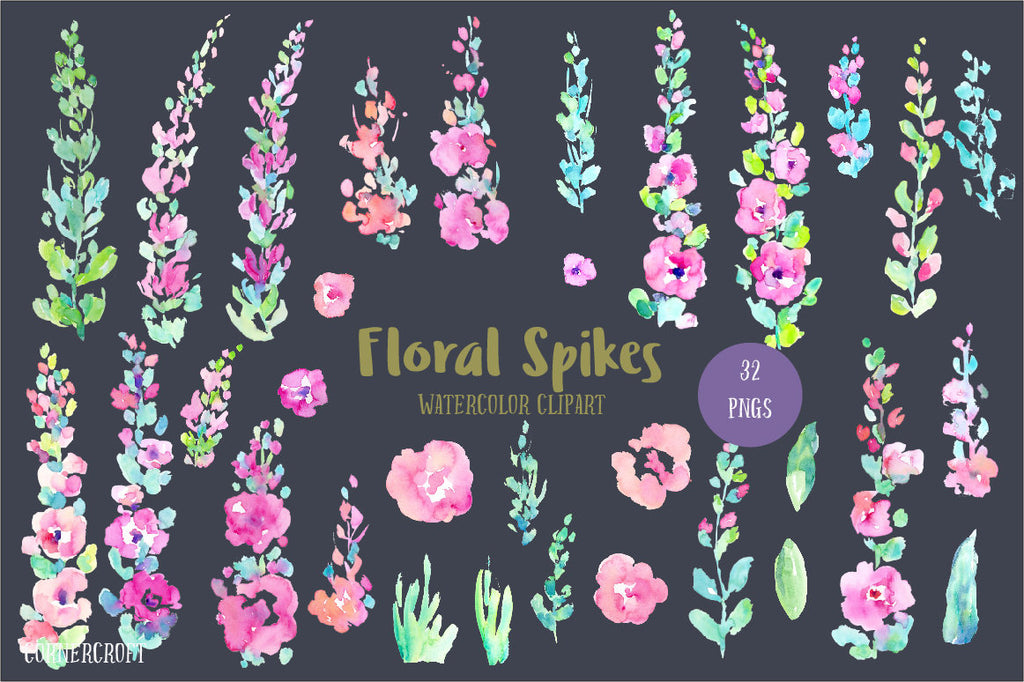 abstract flower spikes, pink, peach and purple, ready made card graphics and floral border for instant download