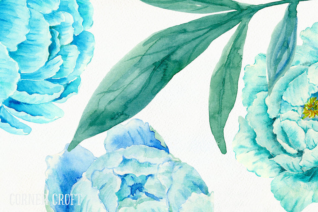 eony Clip Art, Watercolor blue peony clipart, blue peonies, decorative elements, floral arrangements for instant download