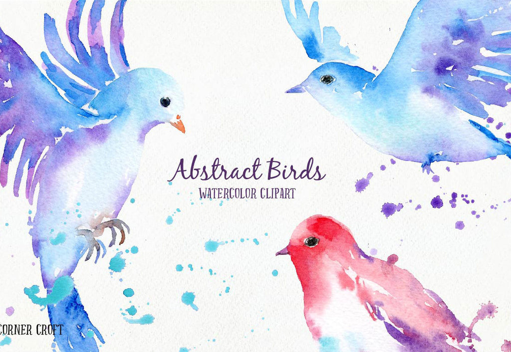 watercolor bird, birds, bird clipart, pink, paint splatter, flying birds, watercolor, watercolour, abstract, blue bird, pink bird, purple birds