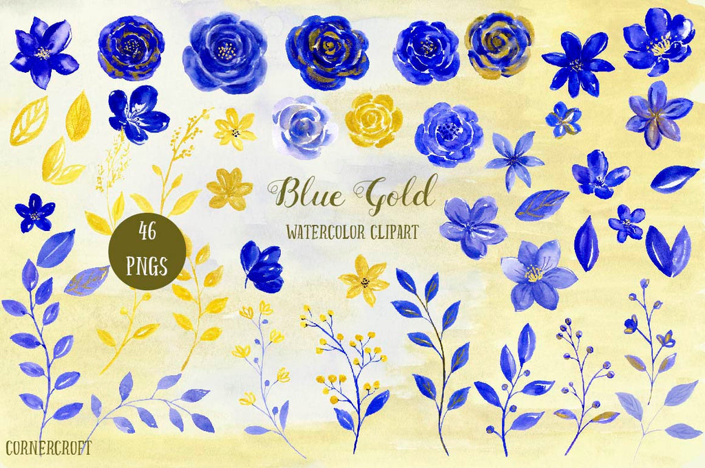 watercolor clipart, blue and gold flowers, watercolor floral arrangements