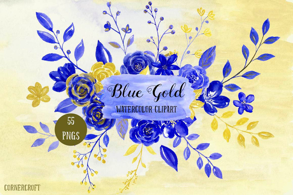 watercolor flowers, blue flowers, watercolor clipart from corner croft. Watercolor gold flowers