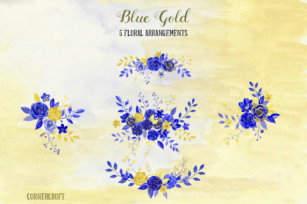 Watercolour illustration, blue flower, gold flower, floral posy