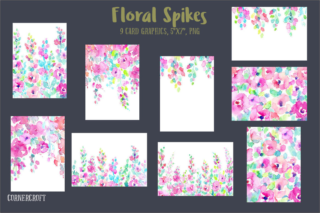 abstract flower spikes, pink, peach and purple, ready made card graphics and floral border for instant download