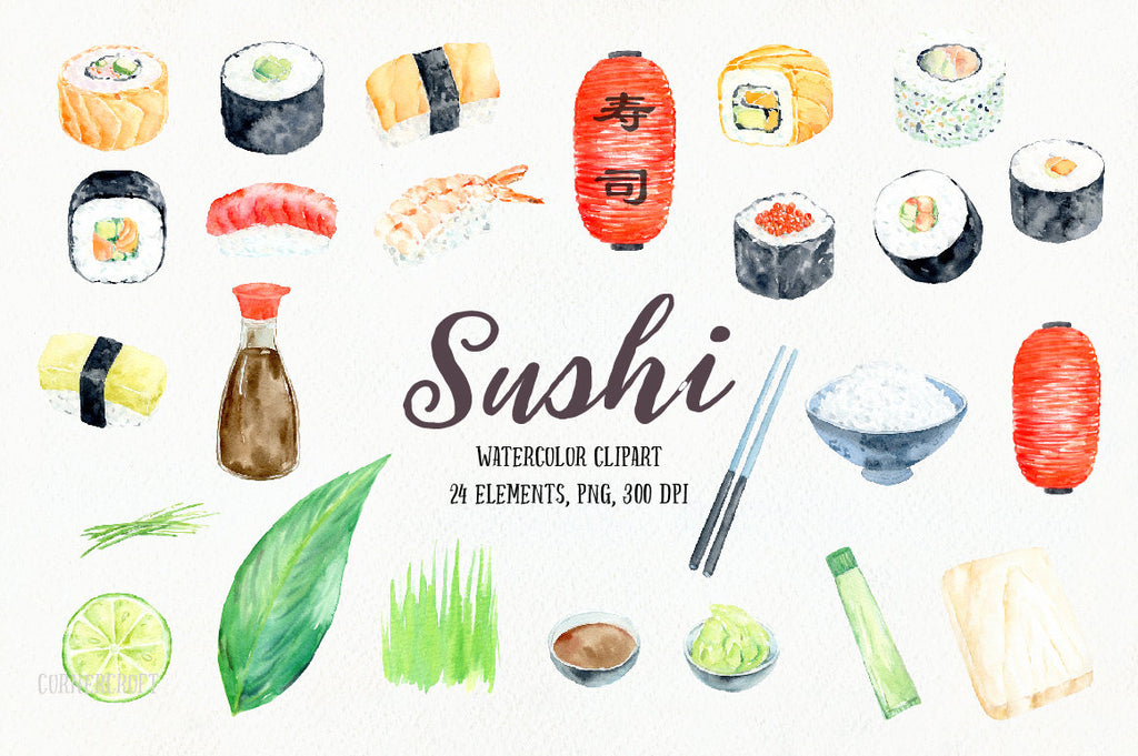 watercolor sushi, Japanese food, bit size dishes, Asian food including, sushi, rice and chopsticks, soy sauce, wasabi, lantern and decorative elements for instant download