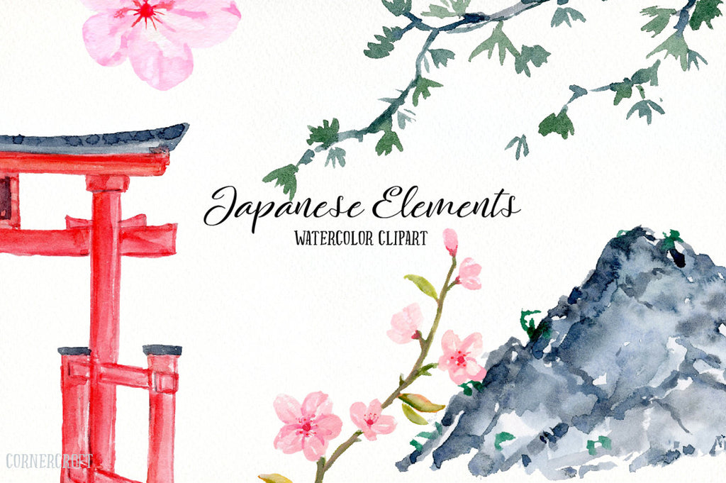watercolor Japanese Landscape, Mount fuji, trees and pagoda, bamboo, pink cherry blossoms, torii (red gate)