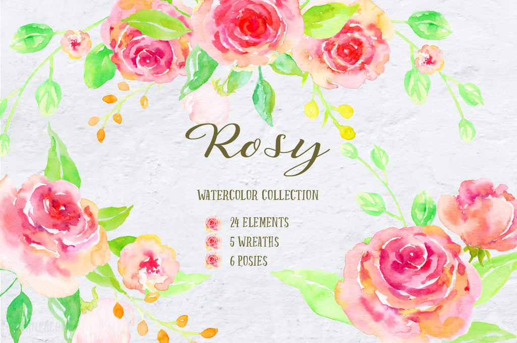 watercolor collection blush, pink and red flowers, decorative elements, flower posies and wreaths for instant download