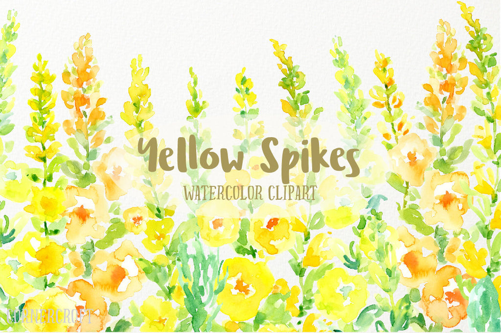 watercolor yellow floral spikes, toll floral spikes, cottage flowers, yellow poppies for instant download