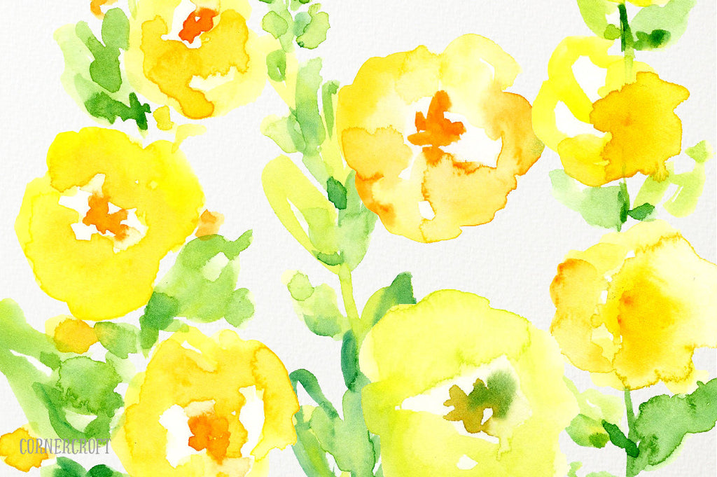 watercolor yellow floral spikes, toll floral spikes, cottage flowers, yellow poppies for instant download