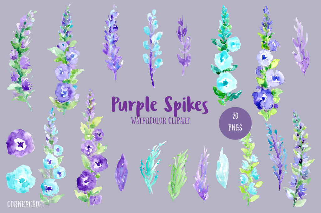 Hand painted watercolor purple floral spikes, toll floral spikes, cottage flowers, blue and purple flowers for instant download