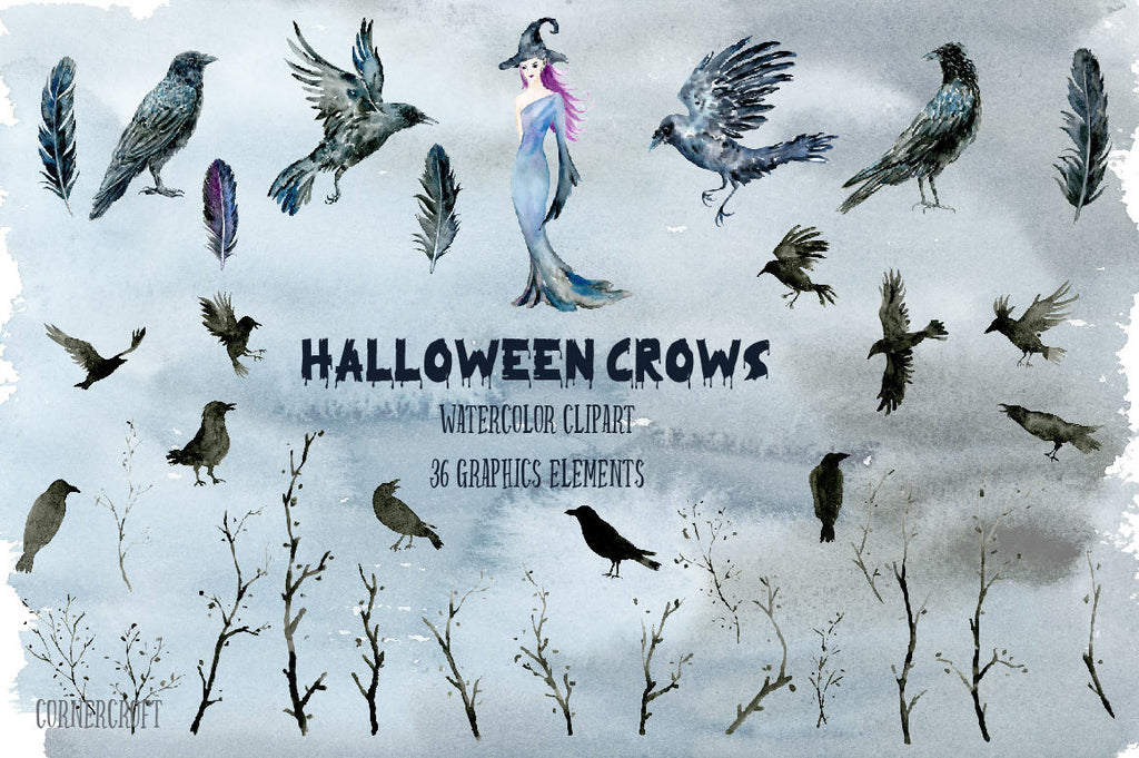 Watercolor Halloween crows and witch clipart, bird print, halloween print, instant download 