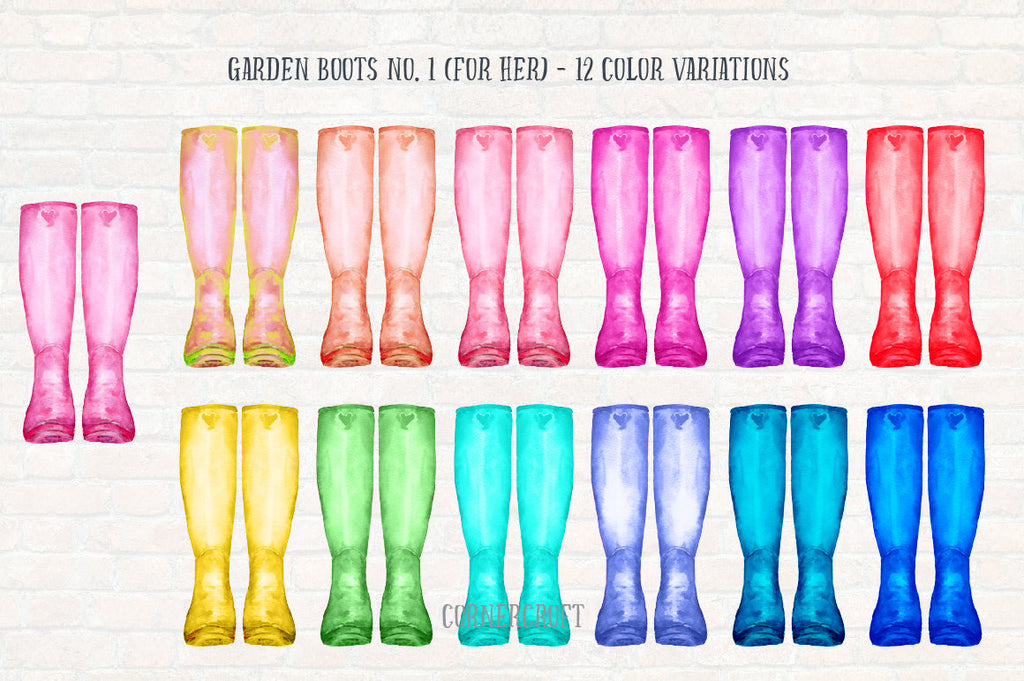 watercolor rain boots collection, blue, pink, yellow and red rain boots, watercolour wellies