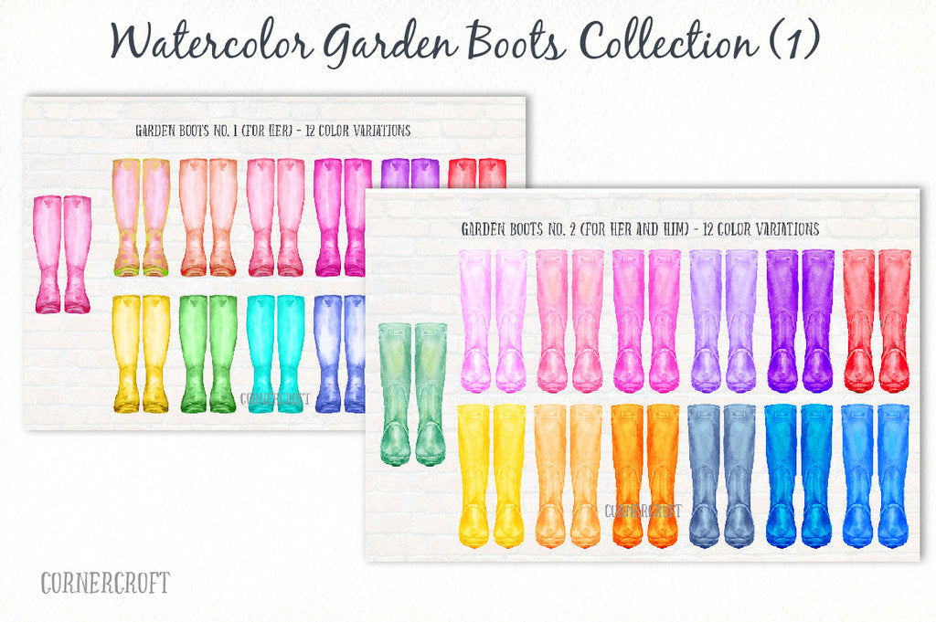 Watercolor wellies, watercolor rain boots, variations of color, pink, blue, yellow, red