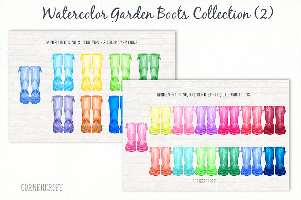 Watercolor rain boots for men and children, colourful rain boots, watercolour wellies, for men and kids, corner croft illustration 