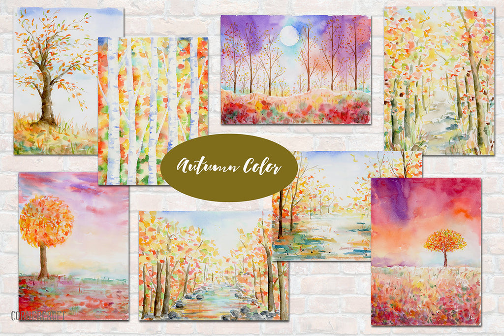 They are autumn themed paintings of woodland, wood, birchwood, trees and landscape on textured watercolor paper.
