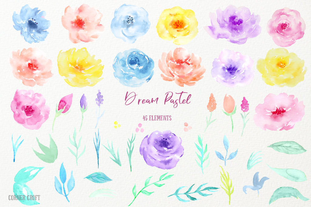 watercolor clipart dream pastel Watercolor pastel color (blue, purple, pink, yellow and turquoise) rose flowers, decorative elements, 