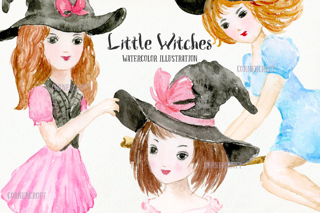 6 little girls and boys in Halloween costumes, together with halloween elements of black cat, bat, spiders, spiders web, eyeball, pumpkins, witch's brooms, witch's hats, buntings and bottles,