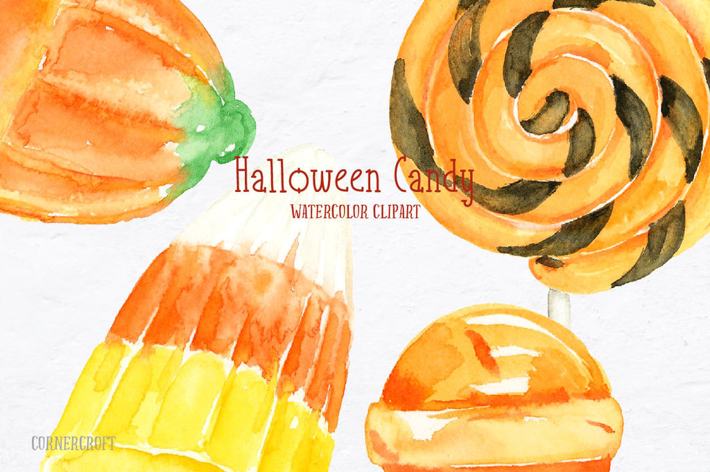 watercolor Halloween Candies, halloween sweets, lollipops, cupcake, balloon, banner and buntings, party items