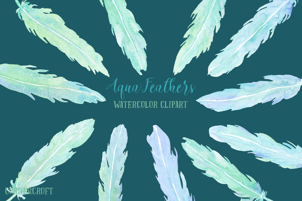 Hand painted watercolor aqua feathers, aqua themed feathers, blue, green and turquoise feathers for instant download