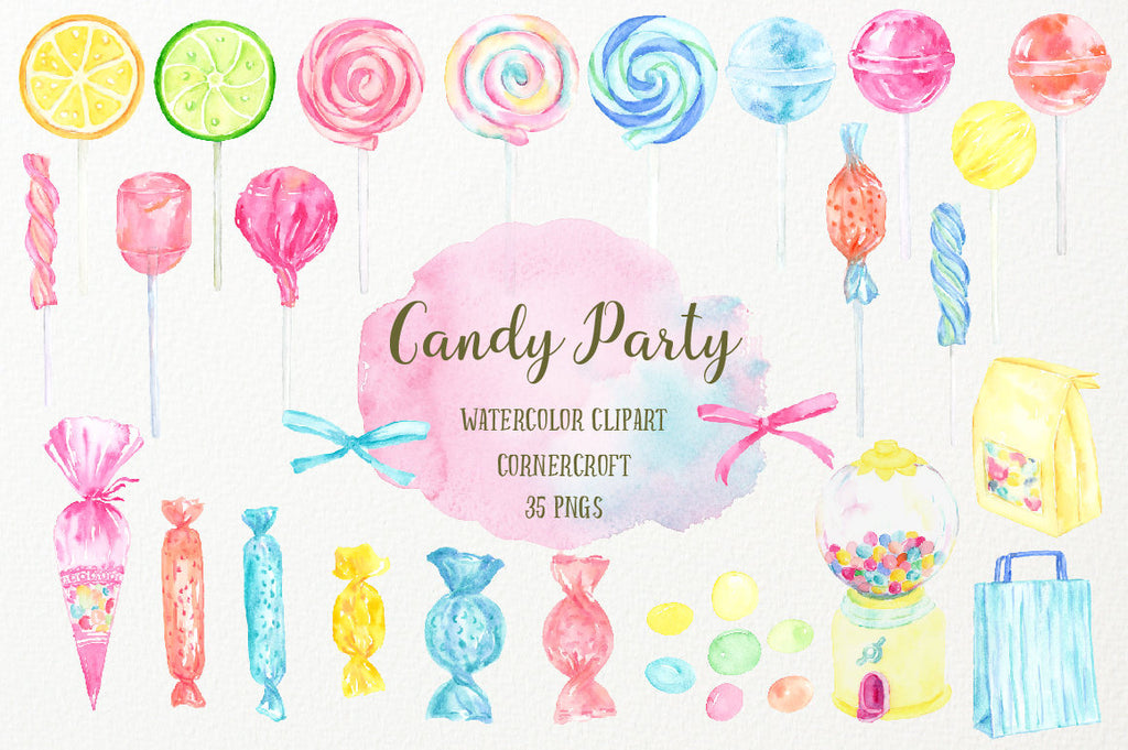 Hand painted watercolour clipart of sweets, candies, lollipops and sweet machine