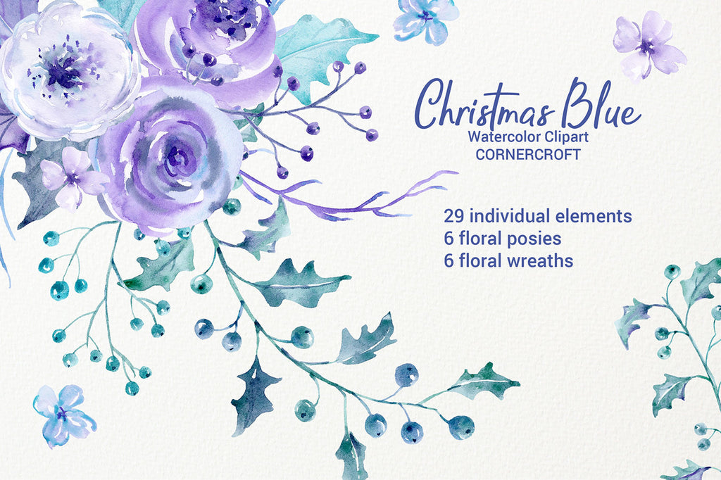 watercolor collection, Christmas blue, holly, rose, floral arrangement, clipart, Christmas clipart, holiday