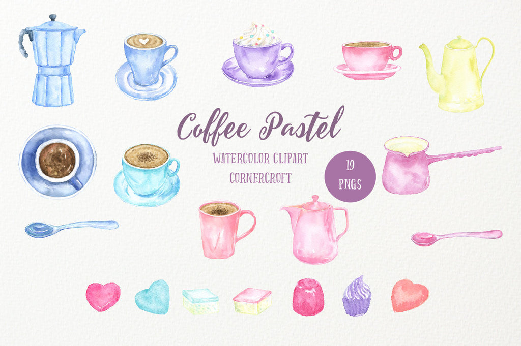 Coffee Pastel,waterolor clipart, cup of coffee, coffee pot, pink coffee, blue coffee, ice coffee, coffee printable, branding