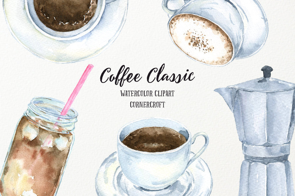 watercolor illustration of hand painted, coffee, pot of coffee, ice coffee