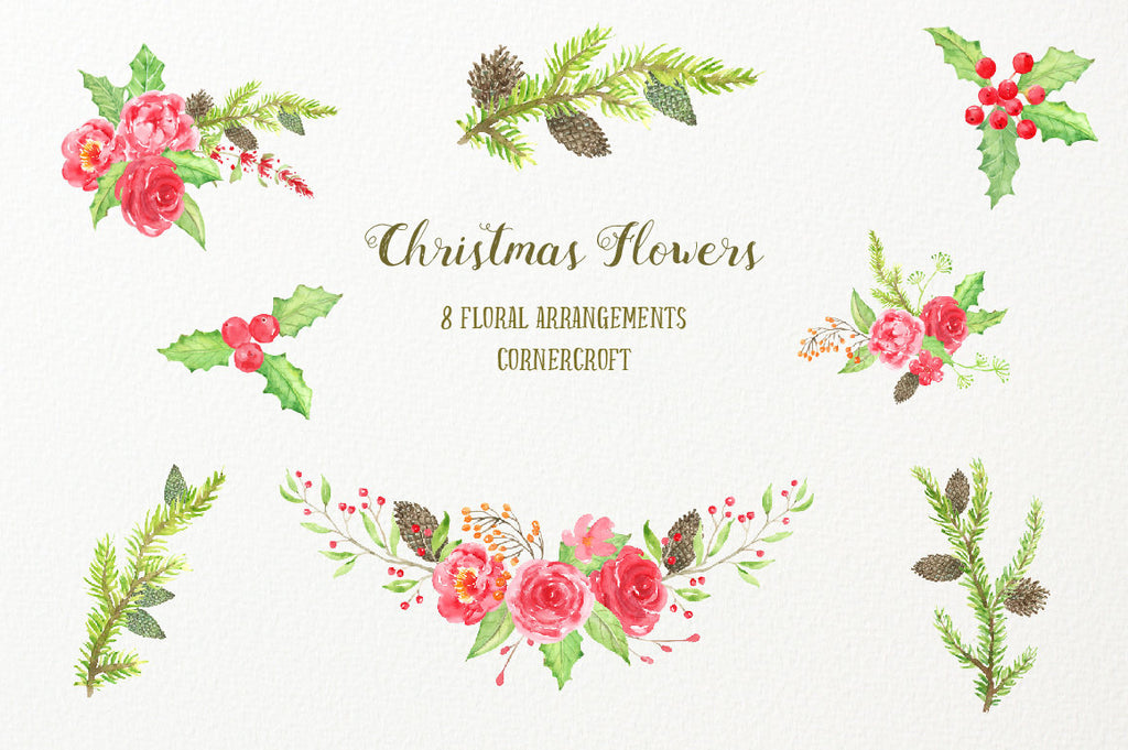 floral arrangement, Christmas flower arrangement, Watercolor Clipart Christmas Flowers - red flowers, snowman, pine cones, robin, chickadee 