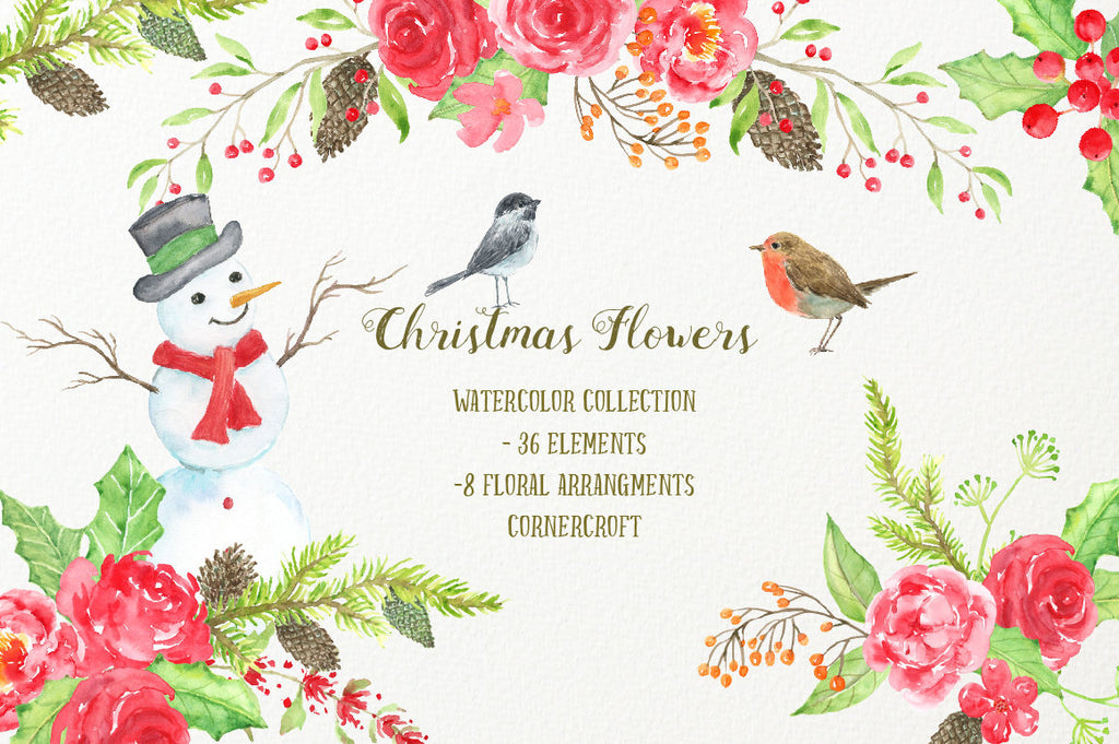 Watercolor Clipart Christmas Flowers - red flowers, snowman, pine cones, robin, chickadee 