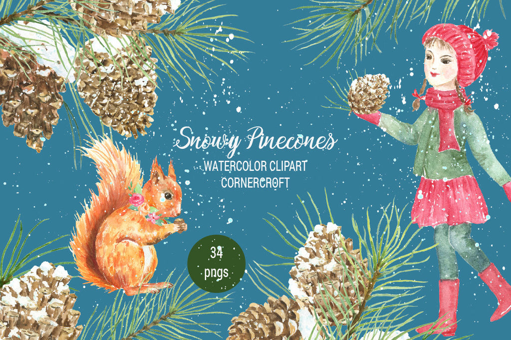 watercolor illustration pine branches, pine cones in snow, red squirrel and little girl in Christmas outfit, 