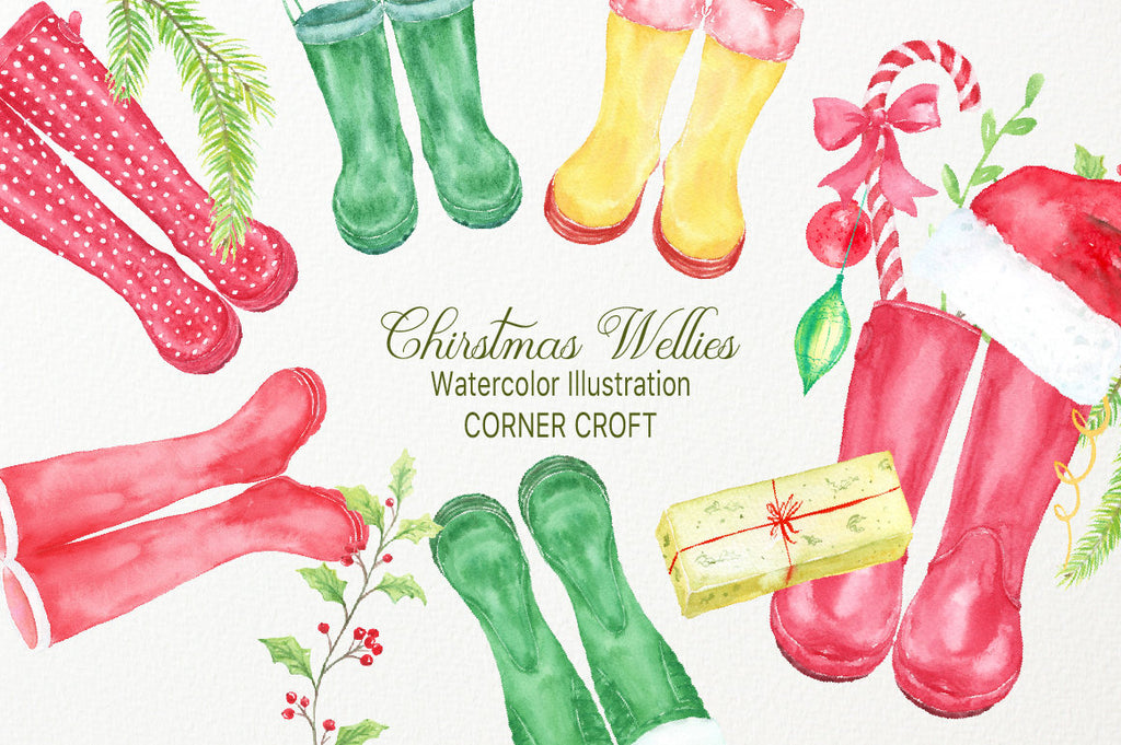 Watercolor clipart of Christmas rain boots, green boots, red boots, Christmas decorations 