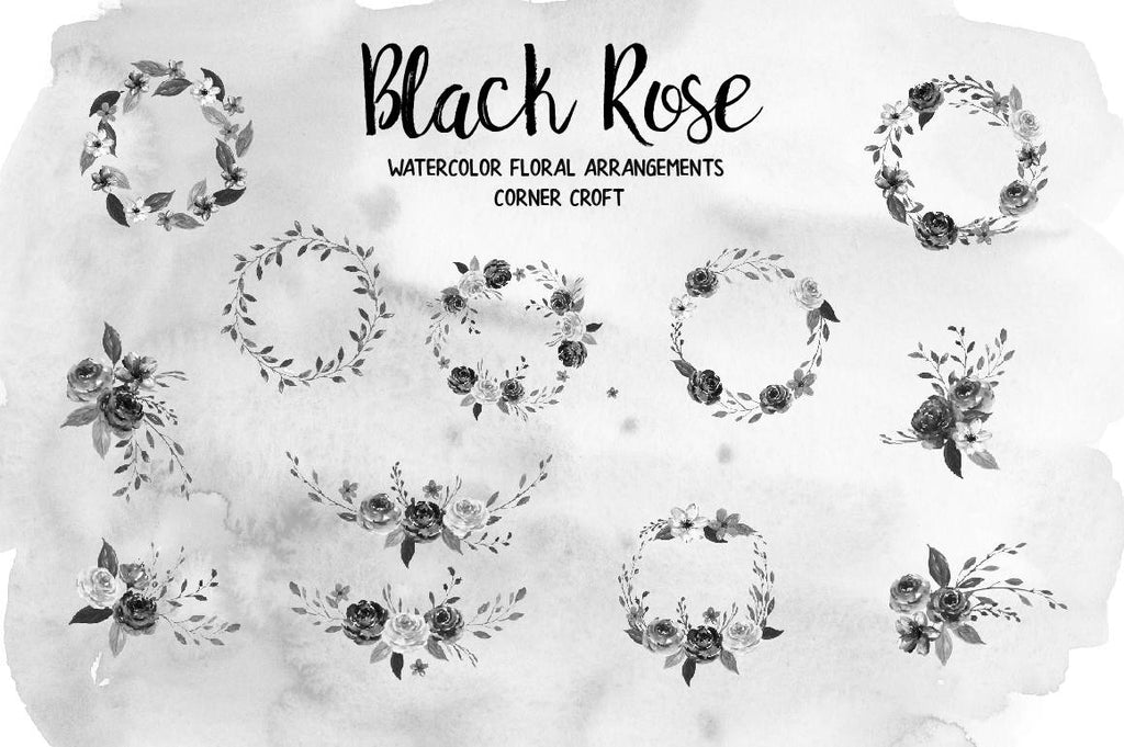 watercolor black rose wreath and floral arrangement, watercolor clipart